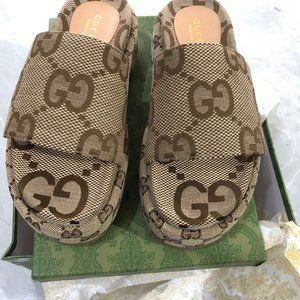 GUCCI Angelina GG logo denim platform slides sandals